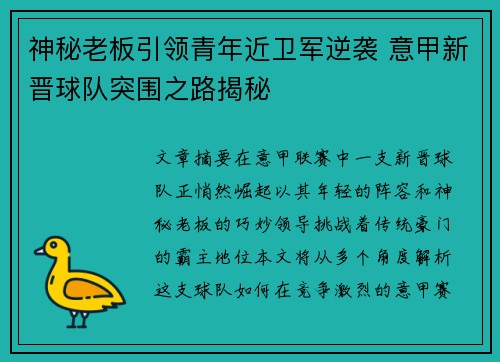 神秘老板引领青年近卫军逆袭 意甲新晋球队突围之路揭秘