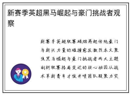 新赛季英超黑马崛起与豪门挑战者观察